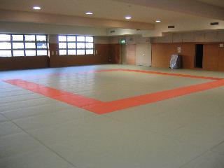 左奥に格子付きの小窓が設置されており、床は畳敷きでオレンジ色で大きく四角の枠が描かれている第1武道場の写真