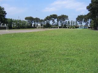 サッカーゴールがあり、芝生がきれいに整備され緑に囲まれている上ノ原公園グラウンドの写真