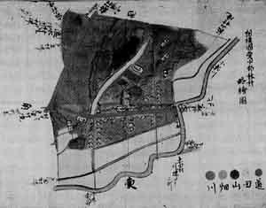 右下に川、畑、山、田、道と書かれ、それにより色分けされた市内の地図、林村絵図