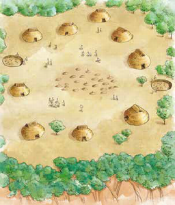 木に囲まれた開けた土地に、竪穴式住居が点在している集落のイメージ図