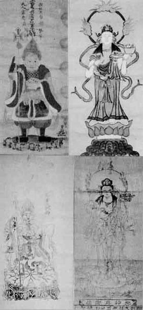 厚木市域における地神で鎧を着て棒を持って立っている男性像や、鉢を持っている女性像が白黒で描かれている絵の写真