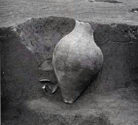 遺跡を発掘した場所に立てかけられた壺の形をした土器の写真