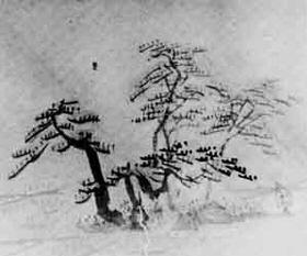 濃淡の異なる4本の松の木が描かれた、厚木六勝 菅廟ノ驟雨の絵
