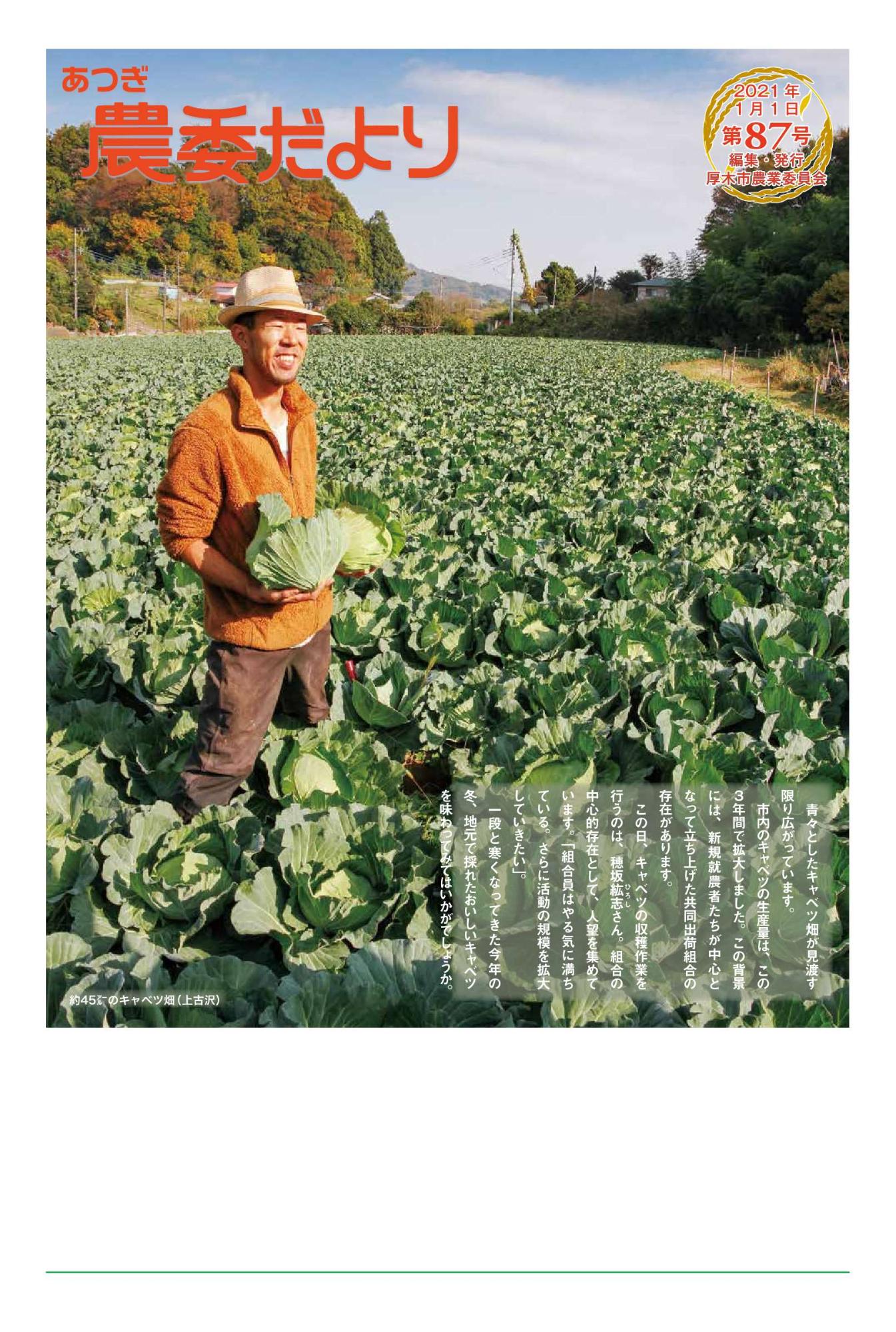 新規就農者が広大なキャベツ畑でキャベツを持ち笑顔を浮かべる写真を掲載した農委だより第87号の1面